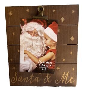 Holiday Cheer Santa & Me Clip Board Photo Display Brown Wood 4x6 Photo Holder